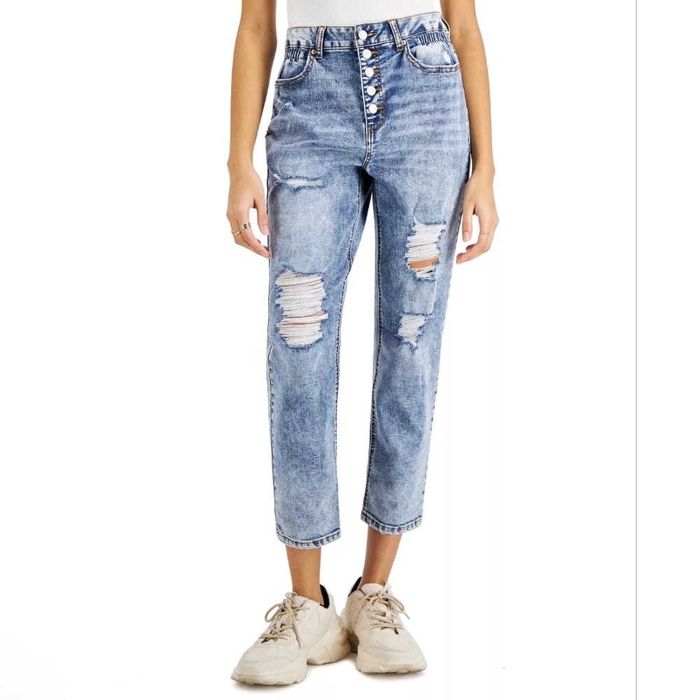 Vanilla Star Juniors Ripped Button-Fly Boyfriend Jeans - Tobi